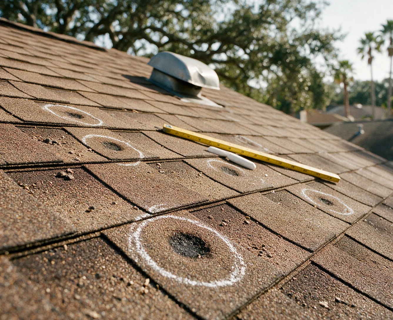 Close view of brown architectural shingles with hail bruises circled in white chalk, a folding rule and a dented roof vent